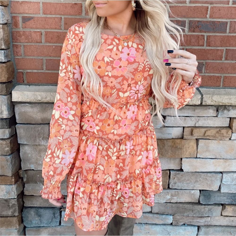 Peach Love California Floral Ruffle Mini Dress
